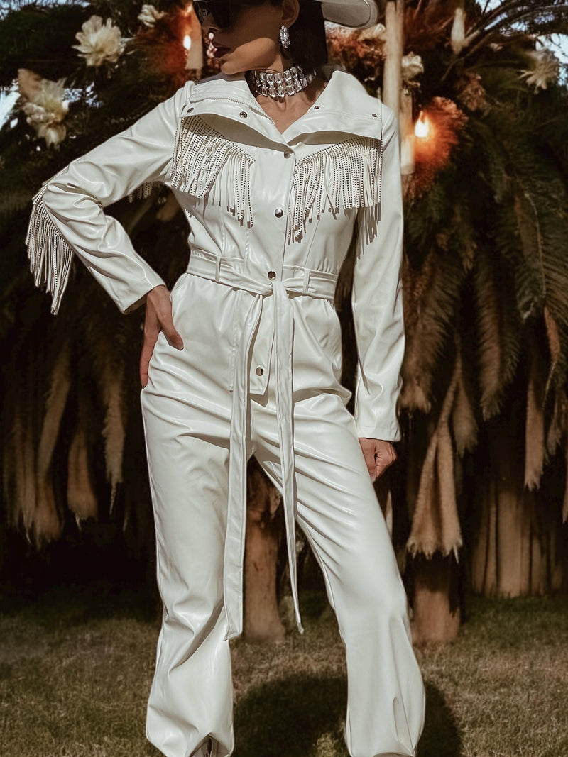 Rhinestone Fringe Jumpsuit, Western Diamond Fringe Faux Leather Jumpsuit, Country Girl Cowgirl Outfit, Barn Wedding Bridal Festival Outfit