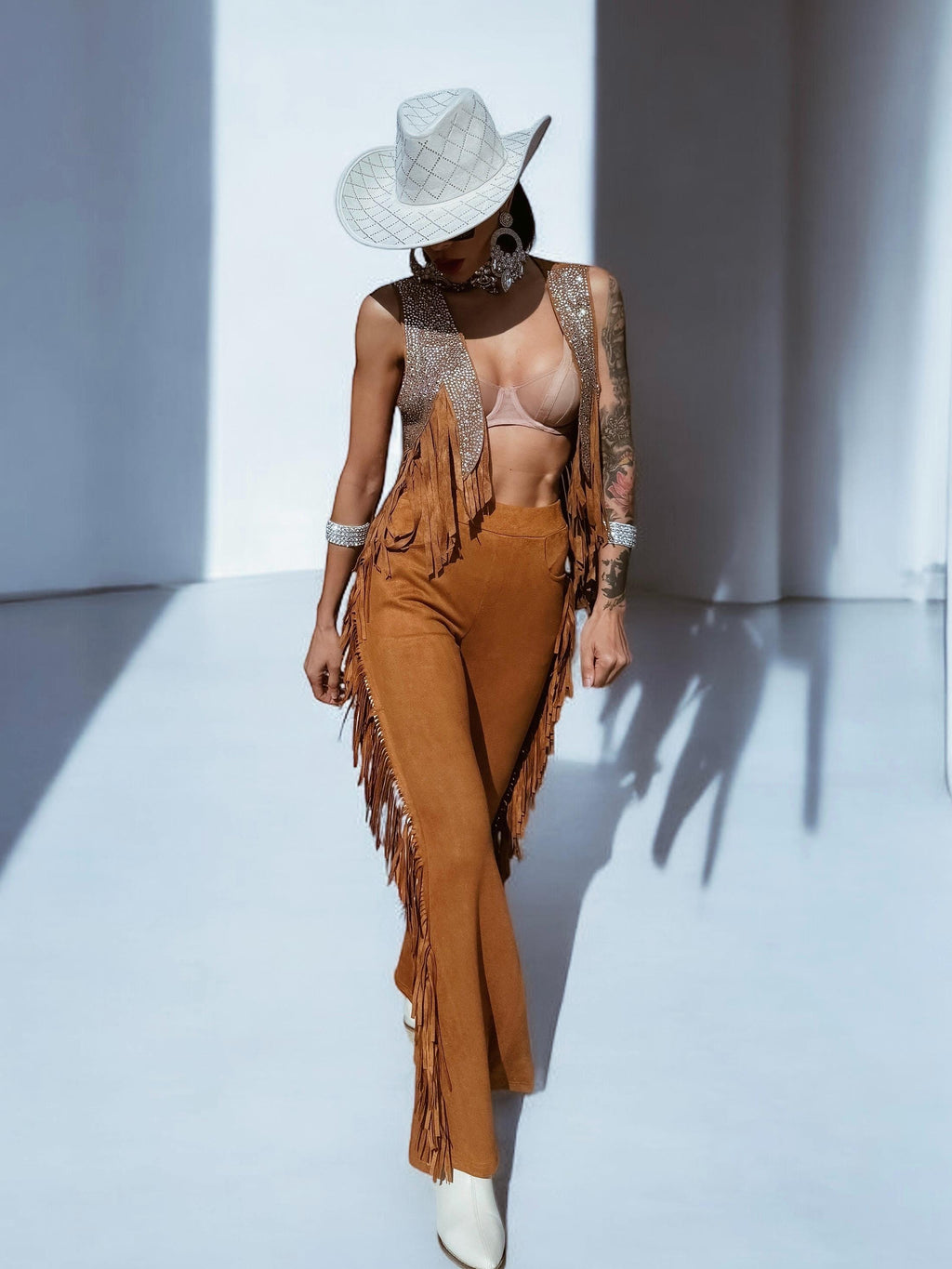 Brown Fringe Western Flare Suede Pants, Chaps Fringe Bell Bottom Pants, Festival Pants, Country Western Cowgirl Outfit