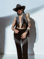 Diamond Fringe Chaps Western Bell Bottom Pants, Suede Like Chaps Pants, Festival Chaps, Country Western Cowgirl Rhinestone Fringe Pants