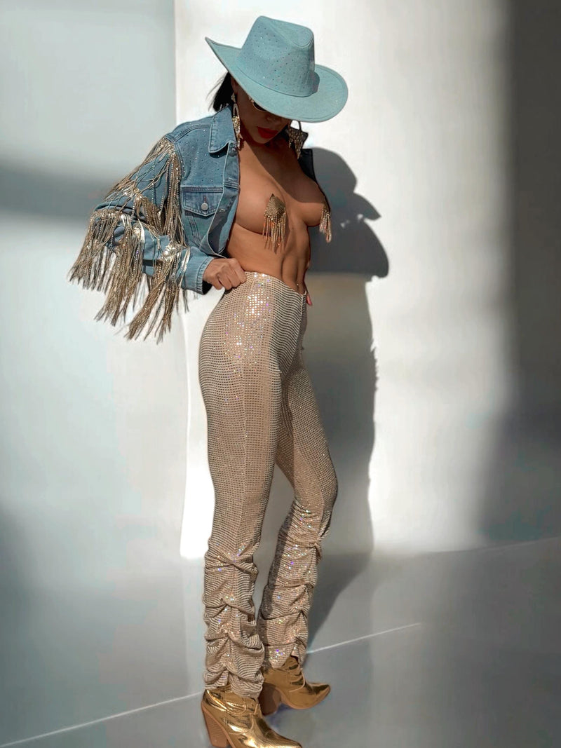 Gold Holographic Disco Pants, Gold Western Festival Pants, Iridescent Gold Cowgirl Outfit, Disco Queen Costume, Country Girl Fashion