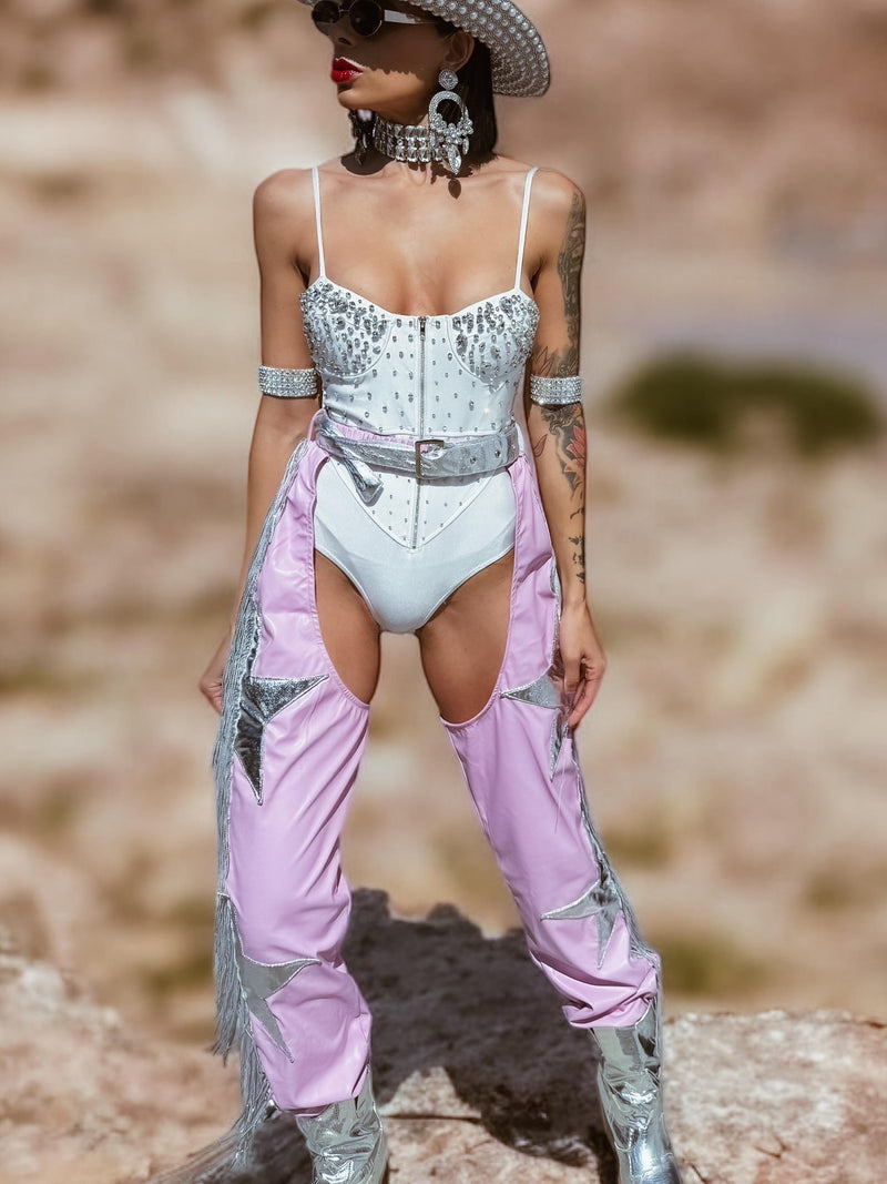 Pink Chaps Fringe Western Pants, Pu Leather Chaps Fringe Jogger Pants, Festival Chaps, Country Western Cowgirl Costume, Sequin Fringe Chaps