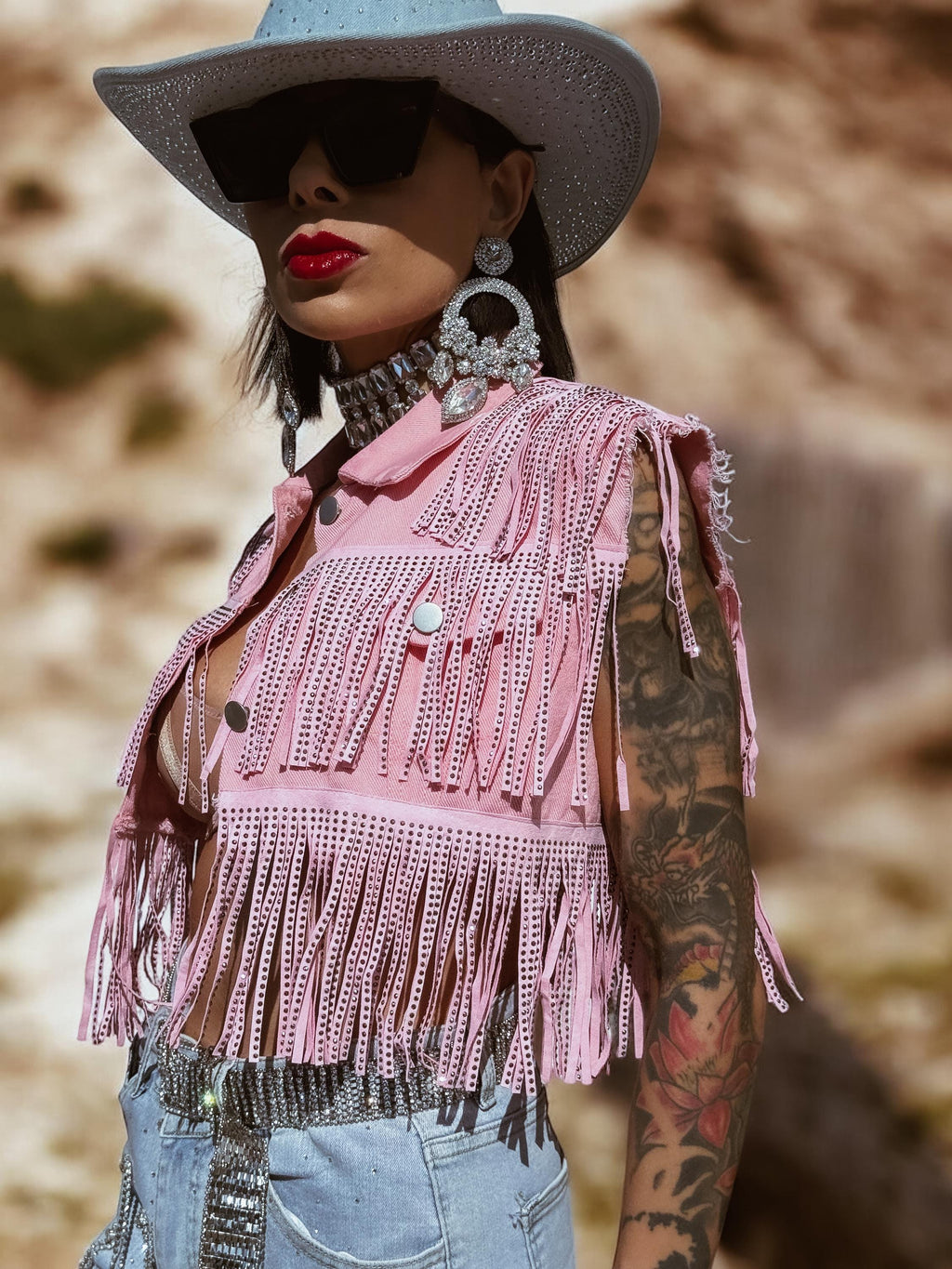 Fringe Denim Pink Jacket, Rhinestone Fringe Vest, Western Diamond Fringe Jacket, Country Girl Cowgirl Jacket, Barn Wedding Bridal Outfit