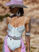 Crystal Cowgirl Rave Bodysuit, Festival Diamond Playsuit, White Bridal Bodysuit, Futuristic Space Cowboy Cowgirl Costume, Burner Girl Outfit