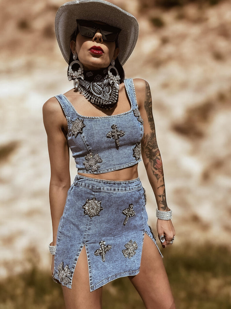 Western Glam Denim Rhinestone Cowgirl Festival Skirt and Bustier Set, Diamond Top and Skirt Set, Bachelorette Outfit, Space Cowboy Costume