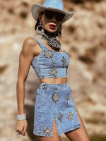 Western Glam Denim Rhinestone Cowgirl Festival Skirt and Bustier Set, Diamond Top and Skirt Set, Bachelorette Outfit, Space Cowboy Costume