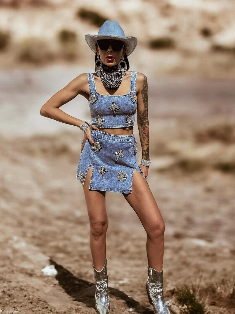 Western Glam Denim Rhinestone Cowgirl Festival Skirt and Bustier Set, Diamond Top and Skirt Set, Bachelorette Outfit, Space Cowboy Costume