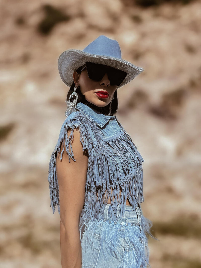 Fringe Denim Jacket, Rhinestone Fringe Vest, Western Diamond Fringe Jacket, Country Girl Cowgirl Jacket, Barn Wedding Bridal Outfit