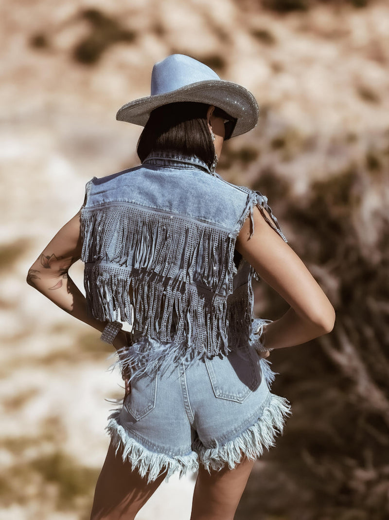 Fringe Denim Jacket, Rhinestone Fringe Vest, Western Diamond Fringe Jacket, Country Girl Cowgirl Jacket, Barn Wedding Bridal Outfit