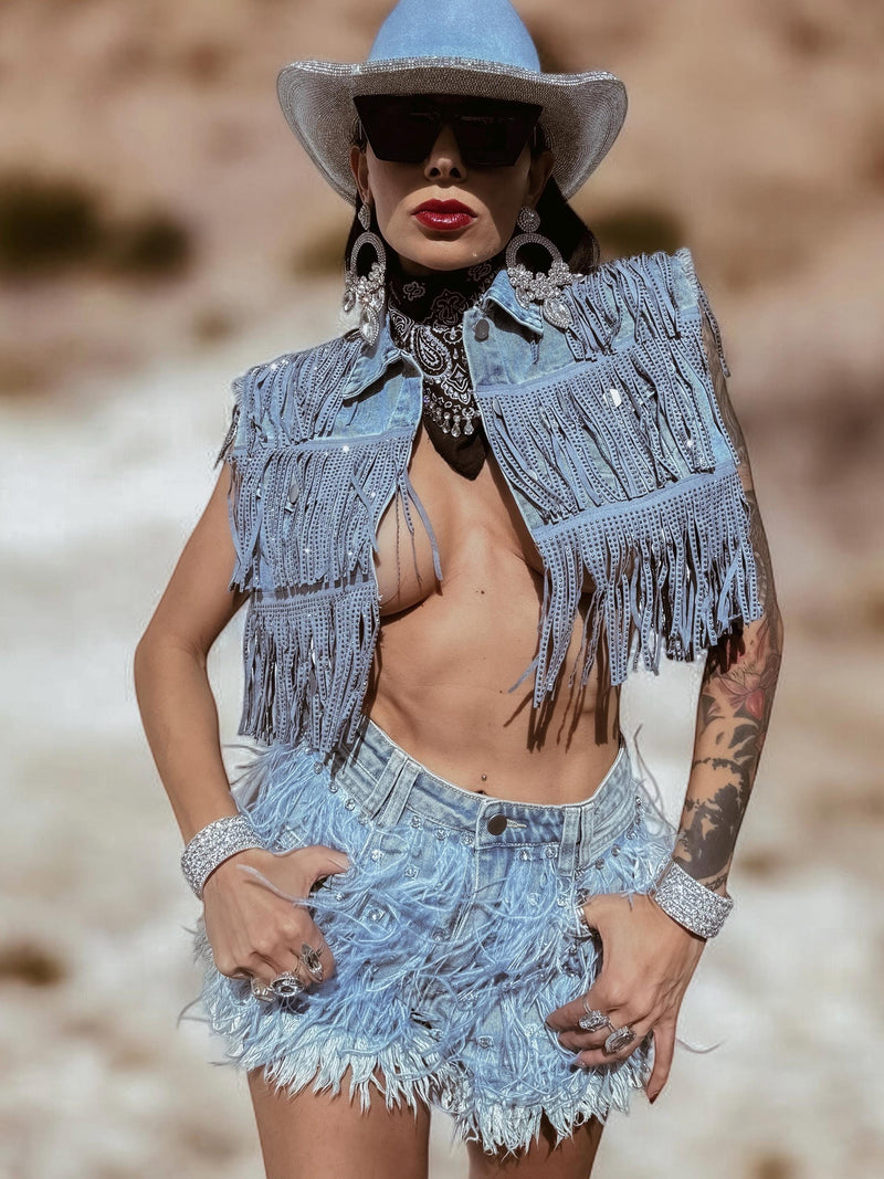 Rhinestone Fringe Feather Western Festival Shorts, Fringe Cowgirl Denim Shorts, Feather Fur Tassel Shorts, Denim Cowboy Costume