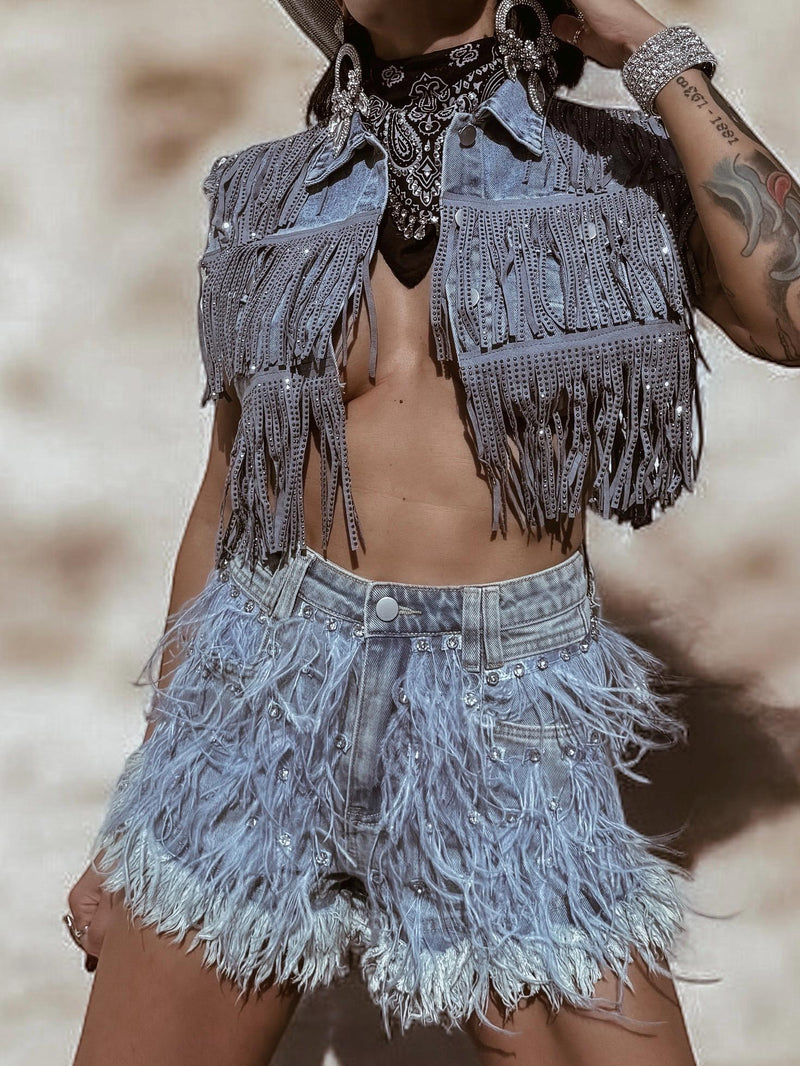 Rhinestone Fringe Feather Western Festival Shorts, Fringe Cowgirl Denim Shorts, Feather Fur Tassel Shorts, Denim Cowboy Costume