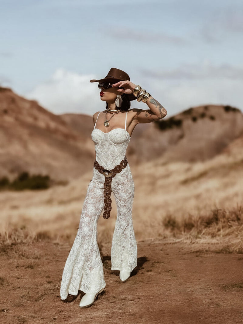 Lace Crochet Bell Bottom Jumpsuit, Western Bridal Flare Jumpsuit, Country Girl Cowgirl Outfit, Barn Wedding Party, Bridal Festival Pants