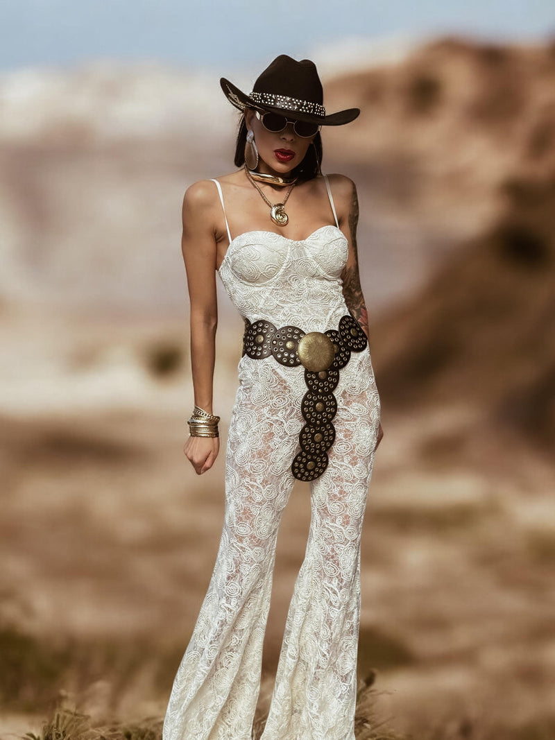 Lace Crochet Bell Bottom Jumpsuit, Western Bridal Flare Jumpsuit, Country Girl Cowgirl Outfit, Barn Wedding Party, Bridal Festival Pants