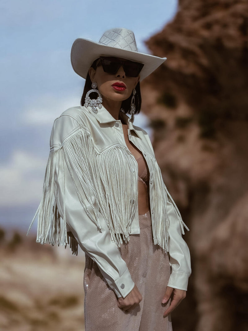 Faux Leather Western Fringe Jacket, Rhinestone Fringe Jacket, Cowgirl Festival Costume Jacket, Boho Bride Rhinestone Jacket, Cowboy Jacket