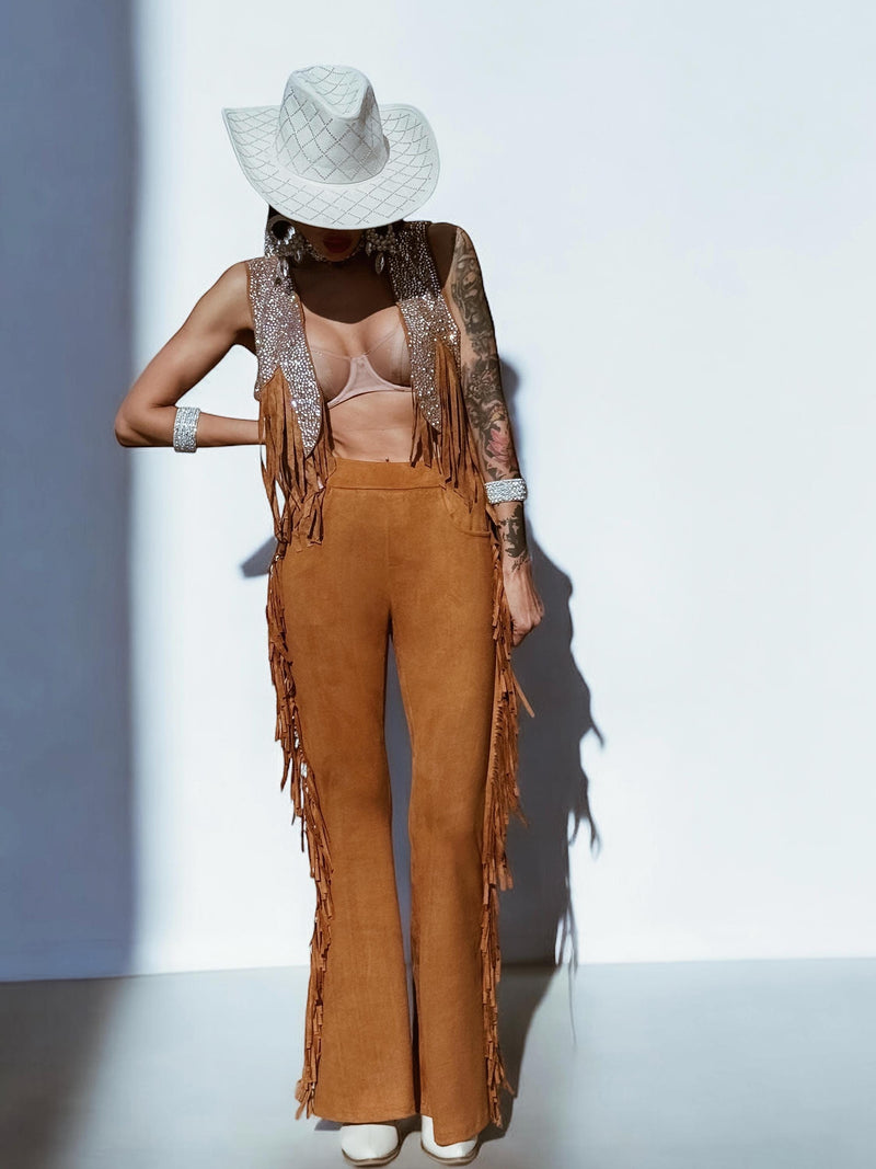 Brown Fringe Western Flare Suede Pants, Chaps Fringe Bell Bottom Pants, Festival Pants, Country Western Cowgirl Outfit