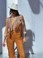 Brown Fringe Western Flare Suede Pants, Chaps Fringe Bell Bottom Pants, Festival Pants, Country Western Cowgirl Outfit