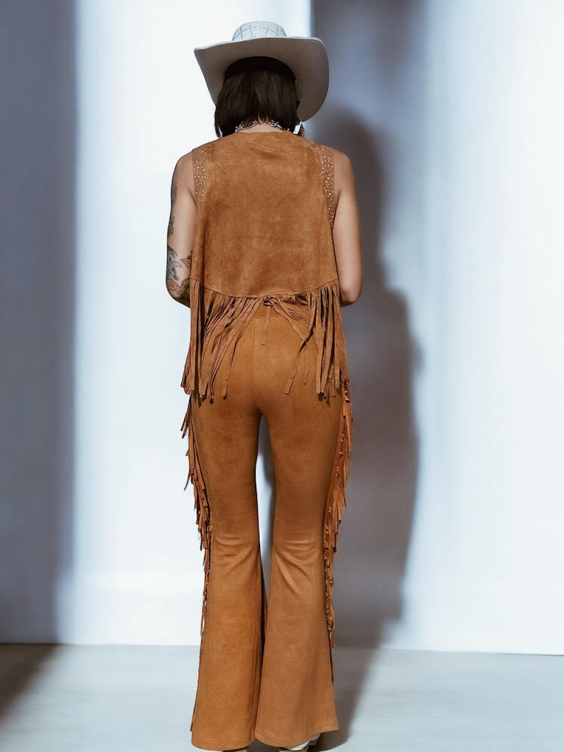 Brown Fringe Western Flare Suede Pants, Chaps Fringe Bell Bottom Pants, Festival Pants, Country Western Cowgirl Outfit