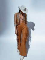 Brown Fringe Western Flare Suede Pants, Chaps Fringe Bell Bottom Pants, Festival Pants, Country Western Cowgirl Outfit