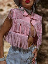 Fringe Denim Pink Jacket, Rhinestone Fringe Vest, Western Diamond Fringe Jacket, Country Girl Cowgirl Jacket, Barn Wedding Bridal Outfit