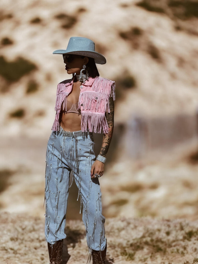 Fringe Denim Pink Jacket, Rhinestone Fringe Vest, Western Diamond Fringe Jacket, Country Girl Cowgirl Jacket, Barn Wedding Bridal Outfit