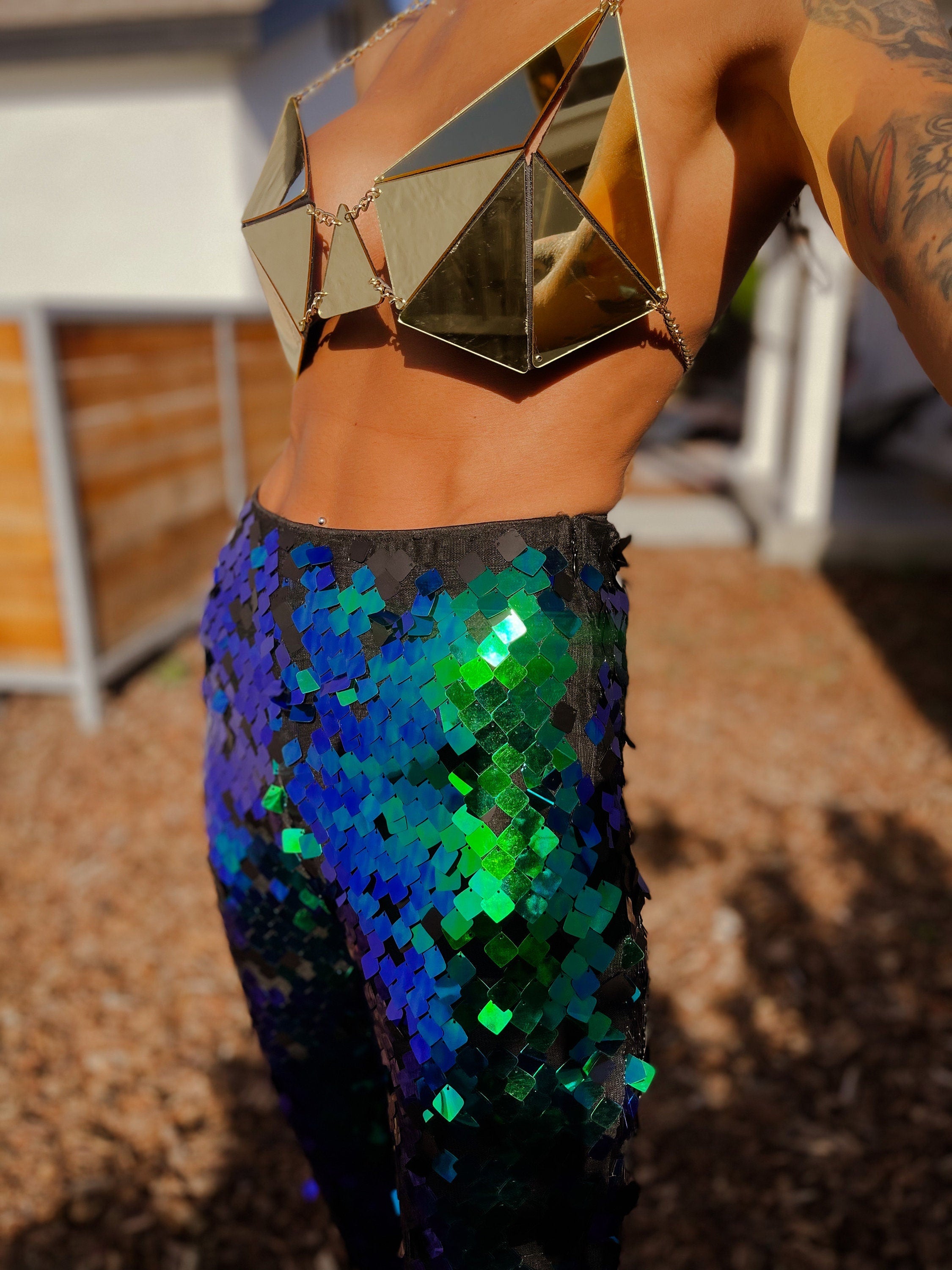 Mermaid Crop Top Acrylic Sequin Festival Rainbow Backless Metal