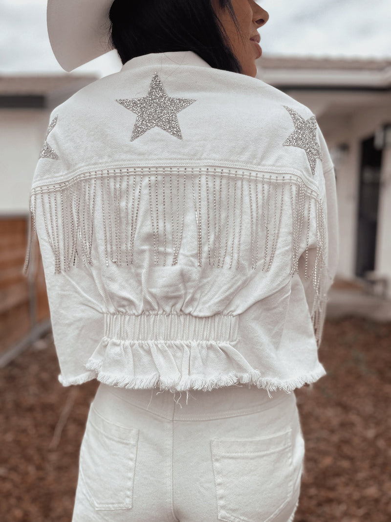 Bohemian Bridal Rhinestone Cropped Oversize Fringe Jacket