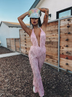 Pink Sequin Fringe Backless Jumpsuit Pink Flare Pants Tassel Jumpsuit Disco Metallic Jumpsuit Western Cowgirl Outfit Space Cowboy Costume