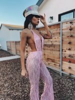 Pink Sequin Fringe Backless Jumpsuit Pink Flare Pants Tassel Jumpsuit Disco Metallic Jumpsuit Western Cowgirl Outfit Space Cowboy Costume