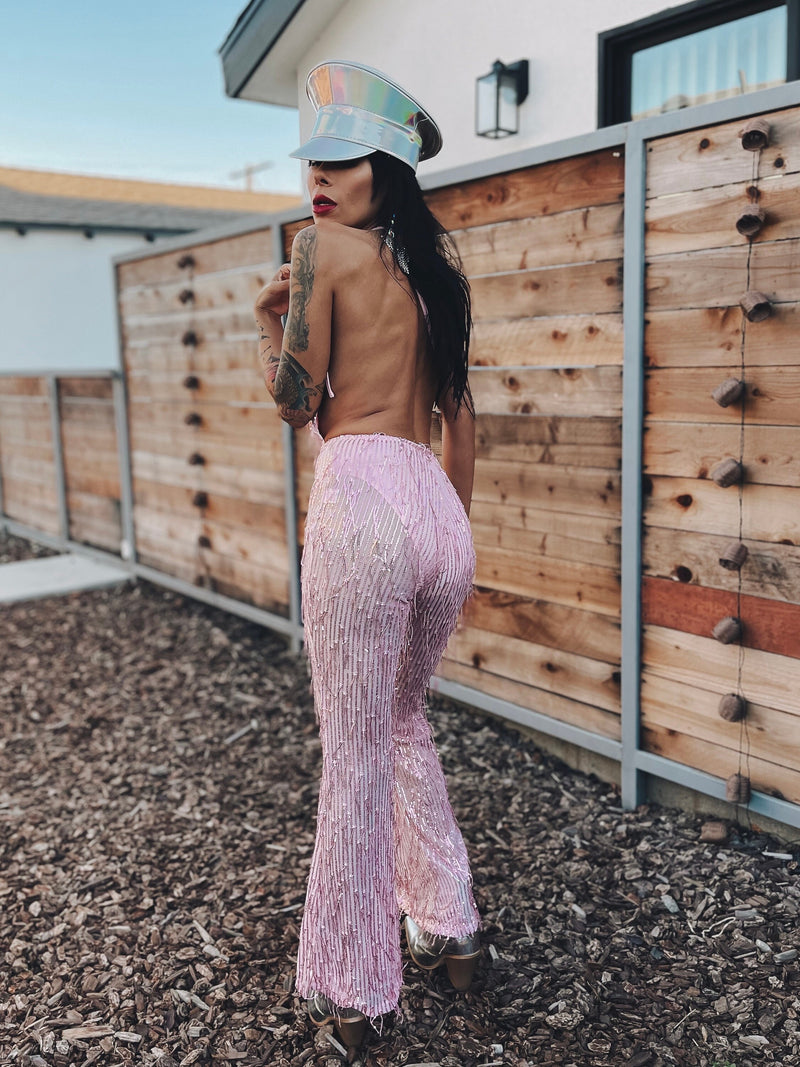 Pink Sequin Fringe Backless Jumpsuit Pink Flare Pants Tassel Jumpsuit Disco Metallic Jumpsuit Western Cowgirl Outfit Space Cowboy Costume