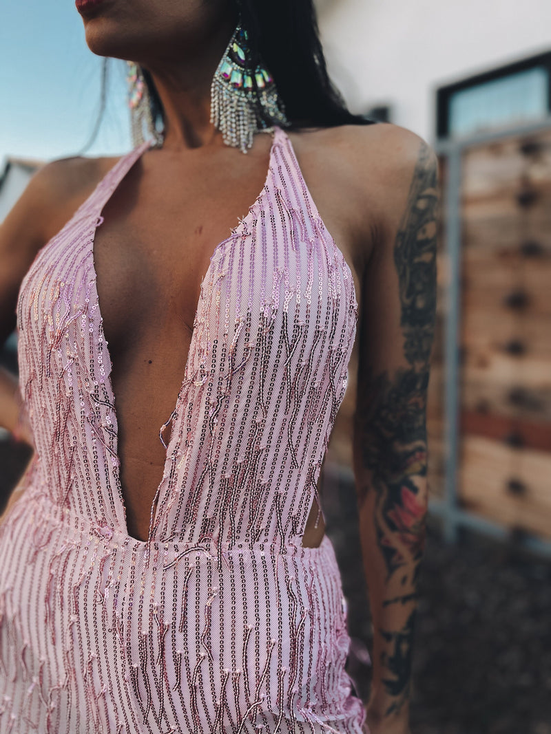 Pink Sequin Fringe Backless Jumpsuit Pink Flare Pants Tassel Jumpsuit Disco Metallic Jumpsuit Western Cowgirl Outfit Space Cowboy Costume